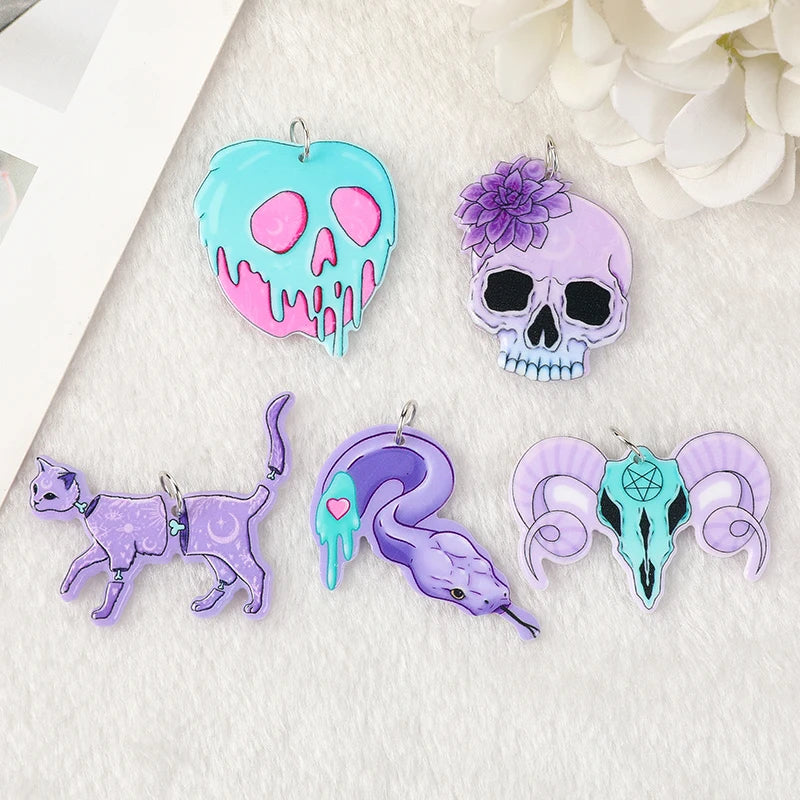 10 Pcs Halloween Charms Creepy Witch Cat Skull Snake Flatback Acrylic Jewlery Findings for Earrings Keychain Pendants Diy Making