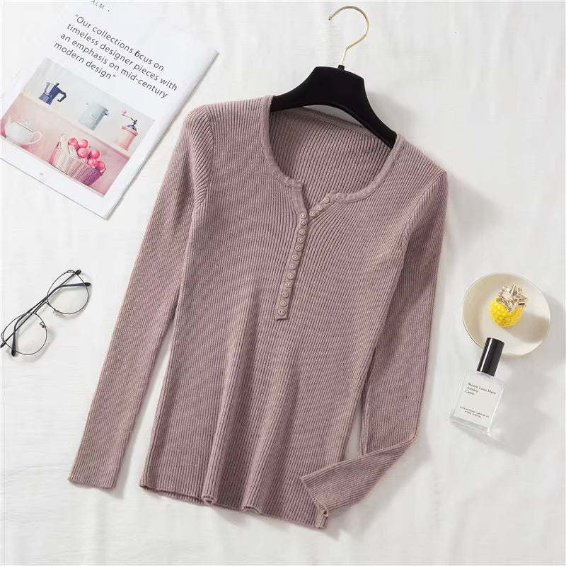 New Autumn Winter Women Long Sleeve Button Front Rib-Knit Stretchable Pull Sweater Korean Sweater Femme Jersey Jumper Pullover
