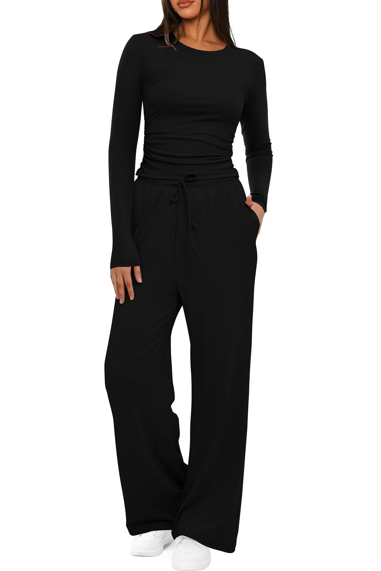 2 Pieces Women'S Suit Autumn Winte Long Sleeve Tops High Waisted Wide Leg Pants Sportswear Female Clothes Solid Color Casual Suit