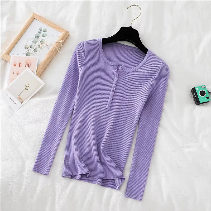 New Autumn Winter Women Long Sleeve Button Front Rib-Knit Stretchable Pull Sweater Korean Sweater Femme Jersey Jumper Pullover