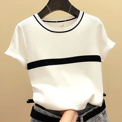 Thin Knitted T Shirt Women Clothes 2024 Summer Woman Short Sleeve Tees Tops Striped Casual T-Shirt Female Tshirt Femme