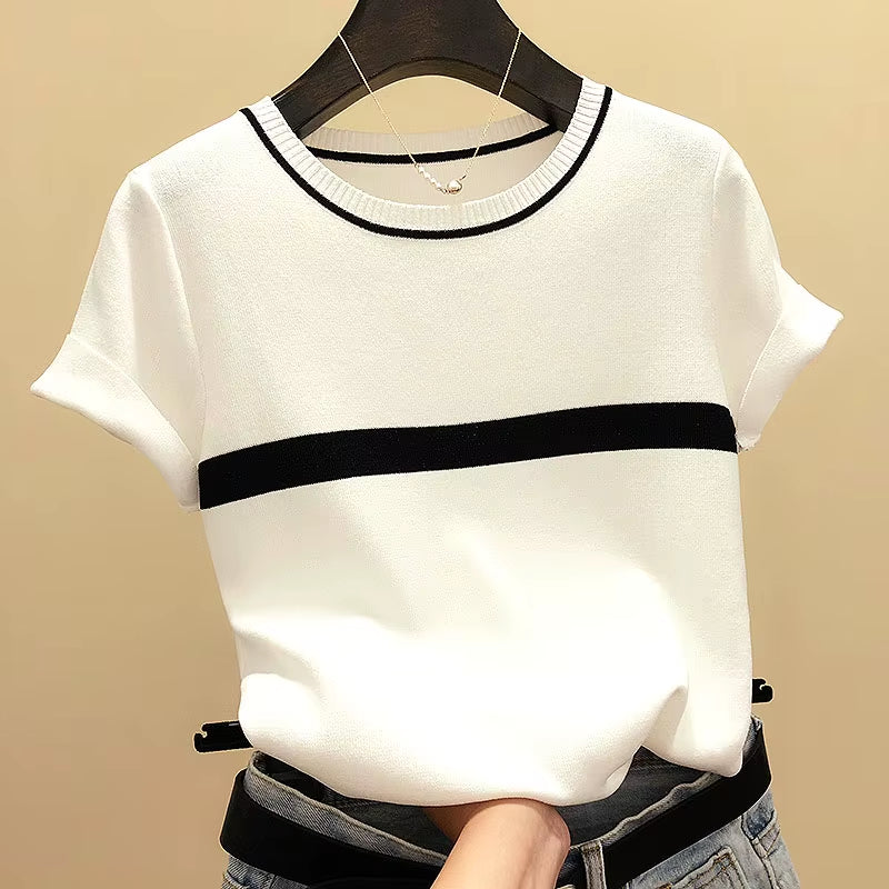 Thin Knitted T Shirt Women Clothes 2024 Summer Woman Short Sleeve Tees Tops Striped Casual T-Shirt Female Tshirt Femme