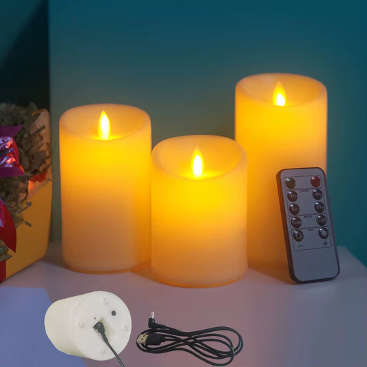 3Pcs/Set USB Rechargeable Flameless Electric Led Candles with Remote Control,Pillar Candles Home Decor., Wedding Decoration