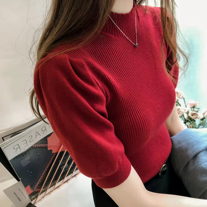 Half Turtleneck Knitted T-Shirts Tops Woman Slim Short Puff Sleeve Buttons Soft Solid Autumn T-Shirt Tee Female