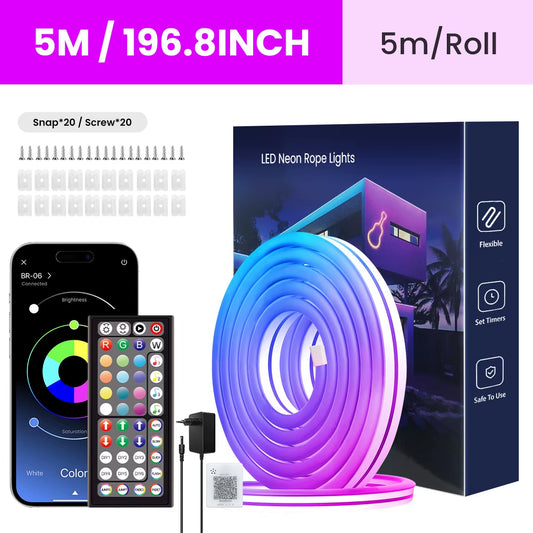 Flexible RGB LED Lights,Neon LED Rope Lights,Led Lights for Bedroom Flexible LED Light Strip with Remote and APP Control RGB