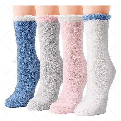 4 Pairs Women Thick Winter Warm Socks Fluffy Fuzzy Floor Sleep Kawaii Socks Colorful Cute Thermal White Soft Velvet Nylon Socks