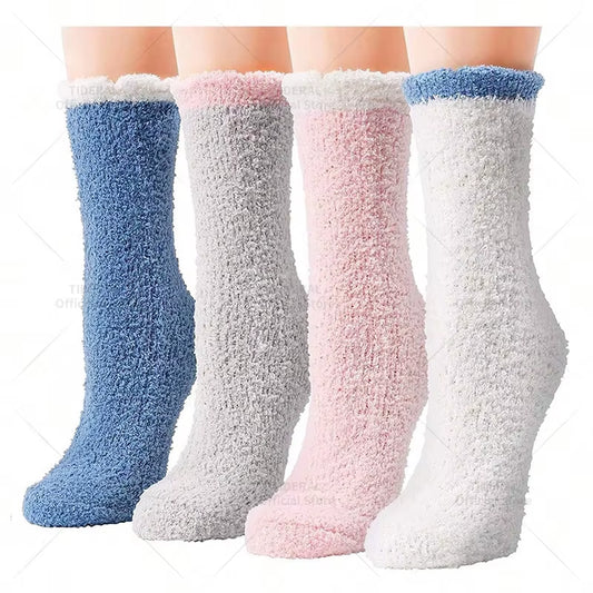 4 Pairs Women Thick Winter Warm Socks Fluffy Fuzzy Floor Sleep Kawaii Socks Colorful Cute Thermal White Soft Velvet Nylon Socks