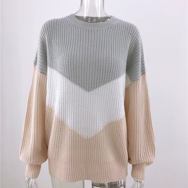 Plus Size Loose Knitted Sweater Women Jumpers Long Sleeve Woman Pullovers Sweaters Casual Winter Color Block Striped Sweater