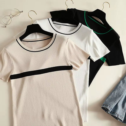Thin Knitted T Shirt Women Clothes 2024 Summer Woman Short Sleeve Tees Tops Striped Casual T-Shirt Female Tshirt Femme