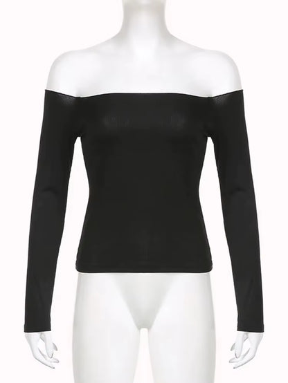 Black Solid Slash Neck Elegant Long Sleeve Tops Korean Fashion Slim Sexy Cropped T Shirt Women Fall Clothing