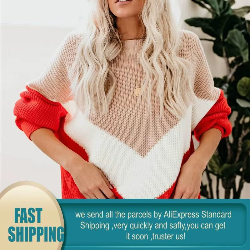 Plus Size Loose Knitted Sweater Women Jumpers Long Sleeve Woman Pullovers Sweaters Casual Winter Color Block Striped Sweater