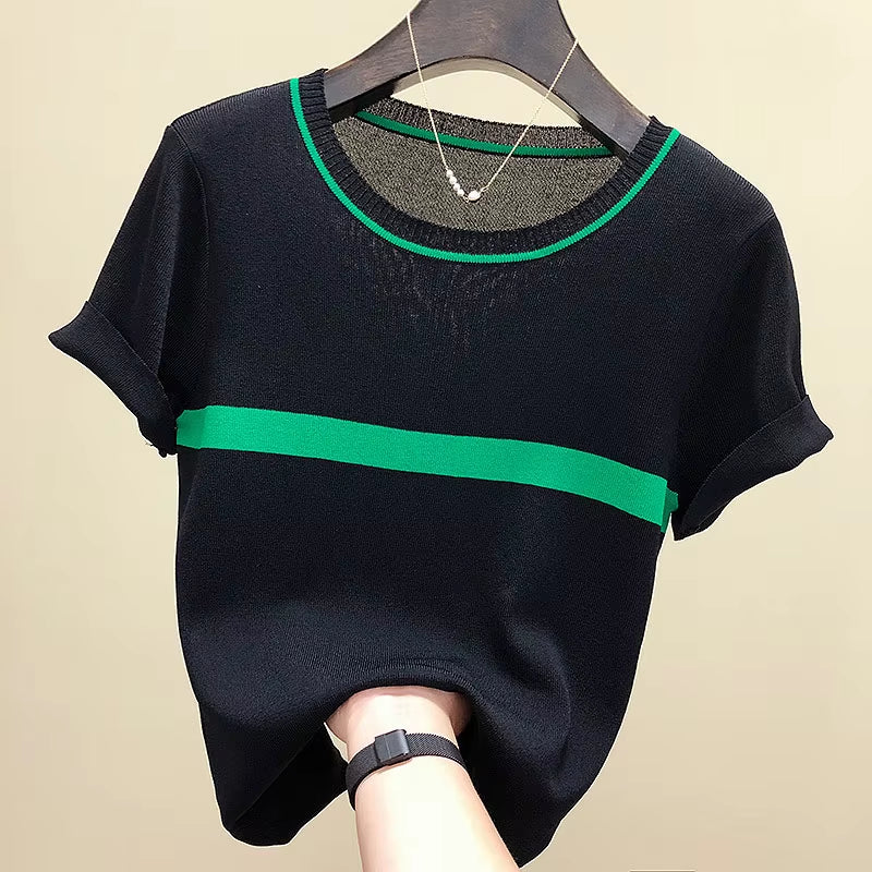 Thin Knitted T Shirt Women Clothes 2024 Summer Woman Short Sleeve Tees Tops Striped Casual T-Shirt Female Tshirt Femme