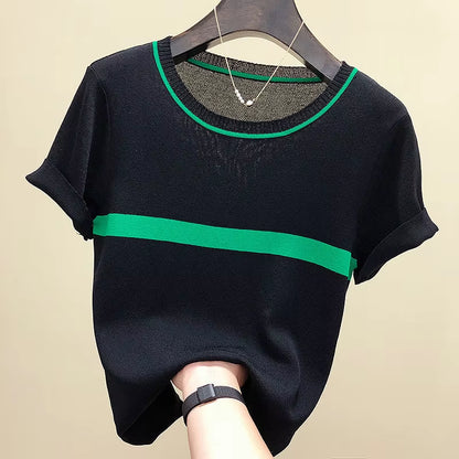 Thin Knitted T Shirt Women Clothes 2024 Summer Woman Short Sleeve Tees Tops Striped Casual T-Shirt Female Tshirt Femme