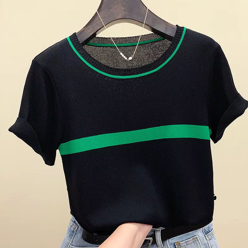 Thin Knitted T Shirt Women Clothes 2024 Summer Woman Short Sleeve Tees Tops Striped Casual T-Shirt Female Tshirt Femme