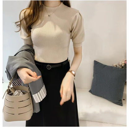 Half Turtleneck Knitted T-Shirts Tops Woman Slim Short Puff Sleeve Buttons Soft Solid Autumn T-Shirt Tee Female