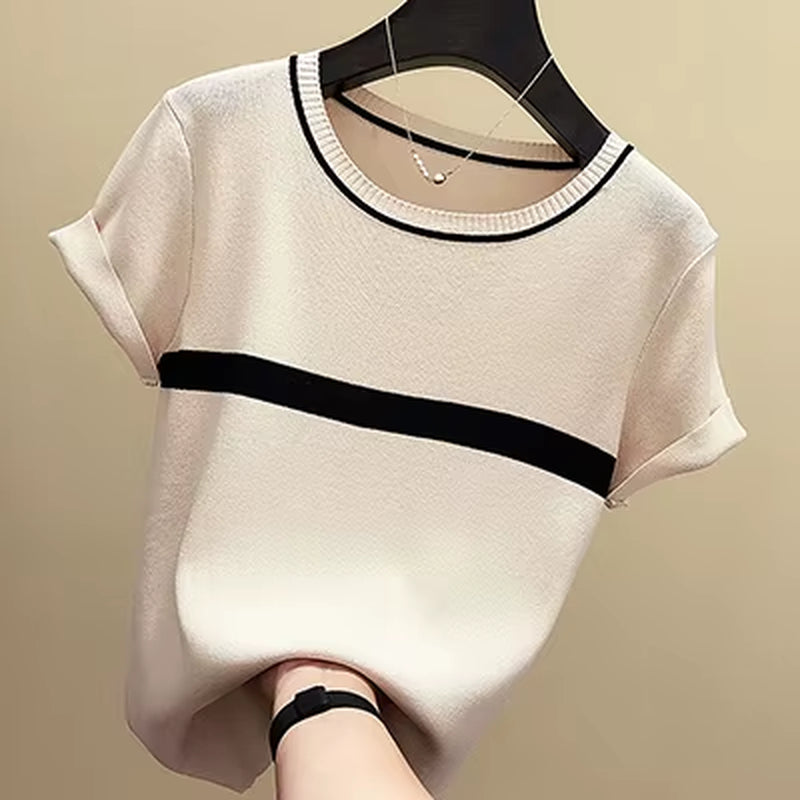 Thin Knitted T Shirt Women Clothes 2024 Summer Woman Short Sleeve Tees Tops Striped Casual T-Shirt Female Tshirt Femme