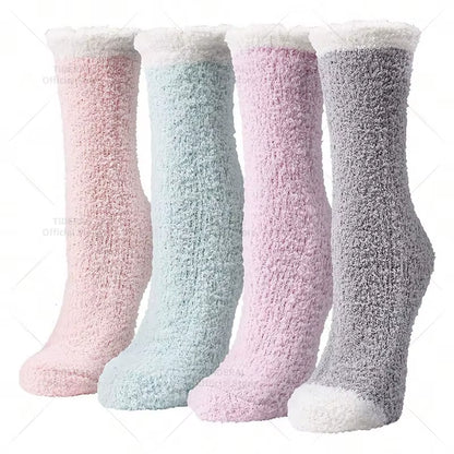 4 Pairs Women Thick Winter Warm Socks Fluffy Fuzzy Floor Sleep Kawaii Socks Colorful Cute Thermal White Soft Velvet Nylon Socks