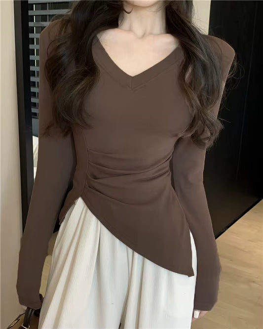 Autumn Korean Fashion Y2K T-Shirt Woman Japanese V-Neck Split Tee Shirt Women with Shoulder Pad Sexy Vintage Corset Tops Clothes