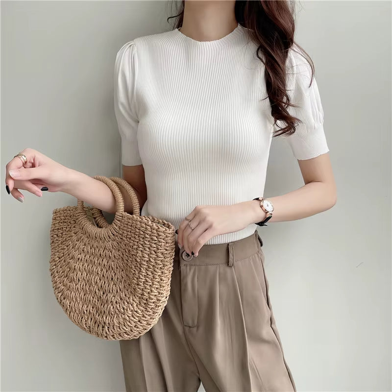 Half Turtleneck Knitted T-Shirts Tops Woman Slim Short Puff Sleeve Buttons Soft Solid Autumn T-Shirt Tee Female