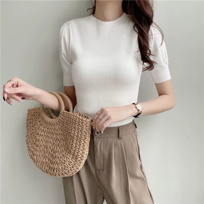 Half Turtleneck Knitted T-Shirts Tops Woman Slim Short Puff Sleeve Buttons Soft Solid Autumn T-Shirt Tee Female