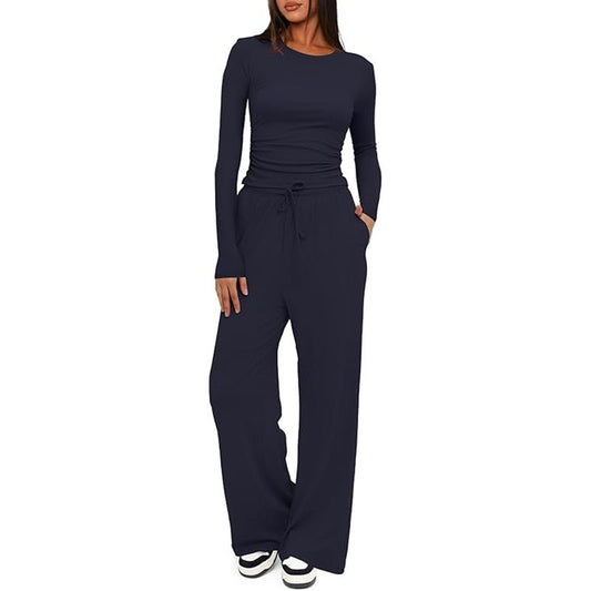2 Pieces Women'S Suit Autumn Winte Long Sleeve Tops High Waisted Wide Leg Pants Sportswear Female Clothes Solid Color Casual Suit