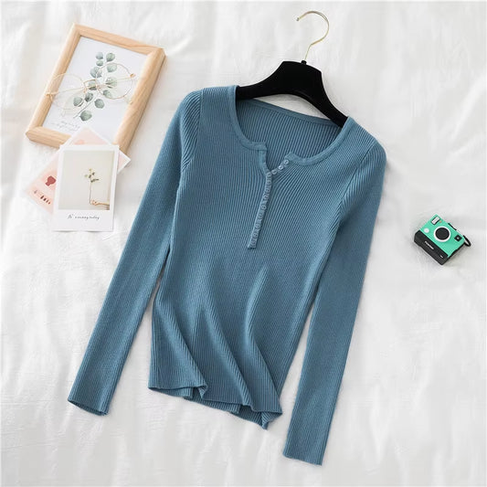 New Autumn Winter Women Long Sleeve Button Front Rib-Knit Stretchable Pull Sweater Korean Sweater Femme Jersey Jumper Pullover