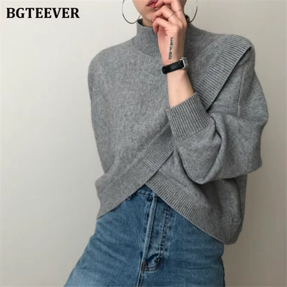 Stylish Criss-Cross Knitted Jumpers Autumn Winter Half Turtleneck Women Sweater Pullovers Loose Female Knit Tops