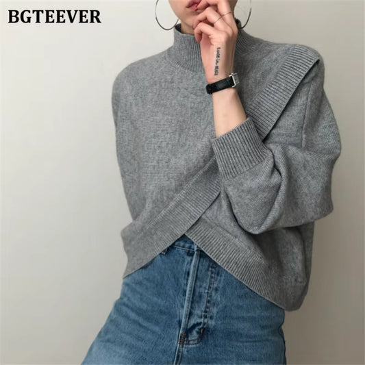 Stylish Criss-Cross Knitted Jumpers Autumn Winter Half Turtleneck Women Sweater Pullovers Loose Female Knit Tops