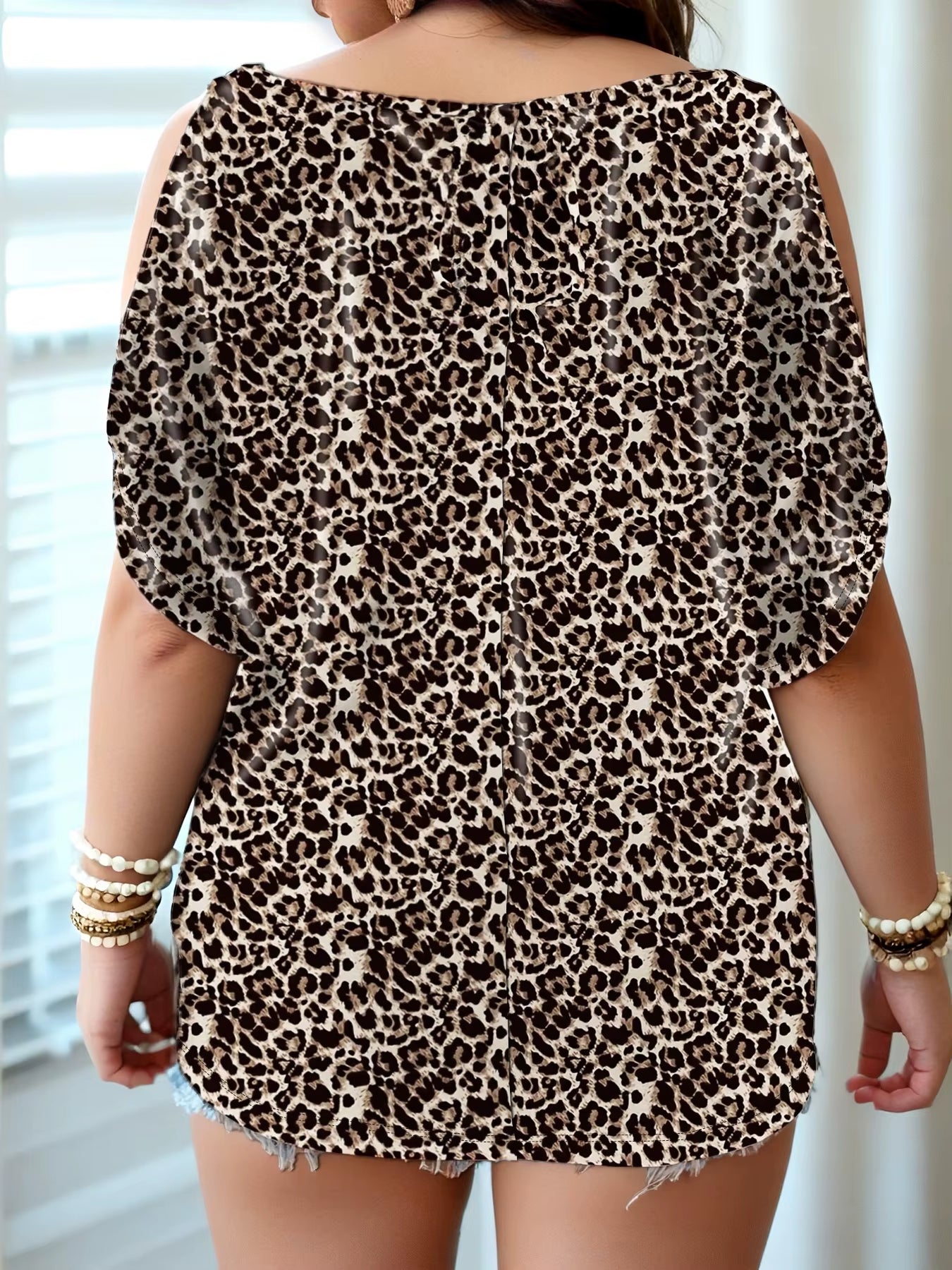 Fashion plus Size Leopard Print Off-Shoulder Short Sleeve Loose Casual Women'S Top
