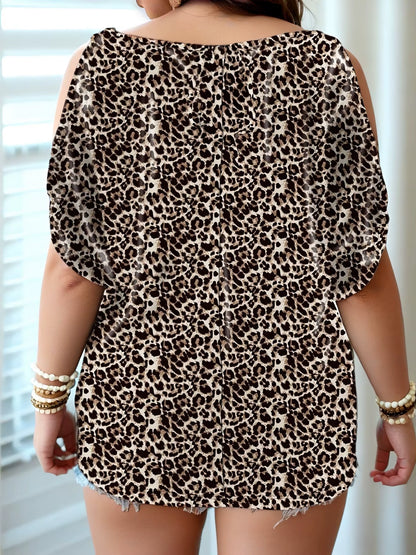 Fashion plus Size Leopard Print Off-Shoulder Short Sleeve Loose Casual Women'S Top
