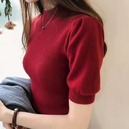 Half Turtleneck Knitted T-Shirts Tops Woman Slim Short Puff Sleeve Buttons Soft Solid Autumn T-Shirt Tee Female