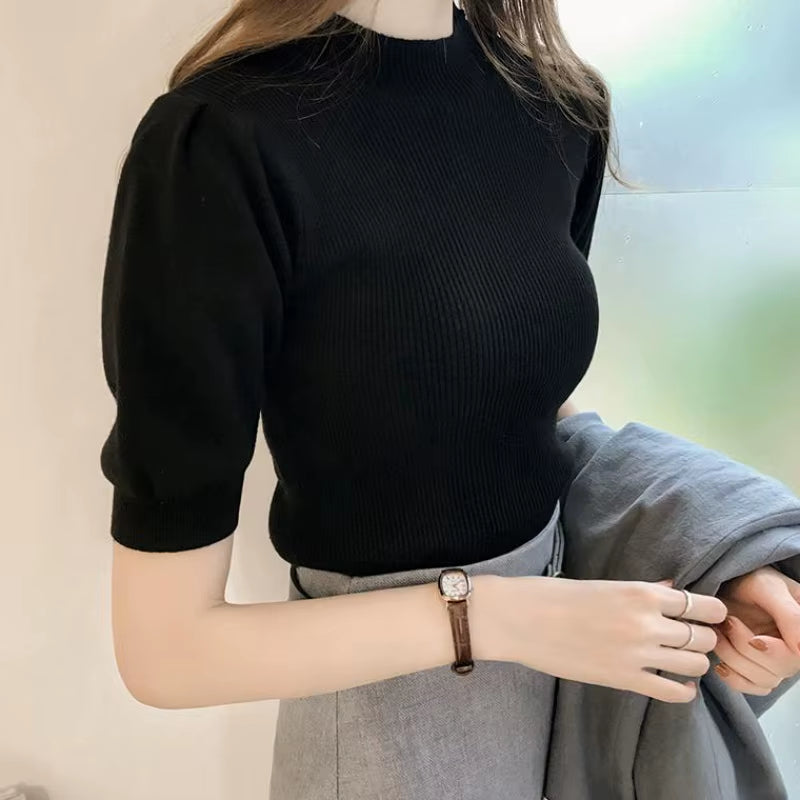 Half Turtleneck Knitted T-Shirts Tops Woman Slim Short Puff Sleeve Buttons Soft Solid Autumn T-Shirt Tee Female