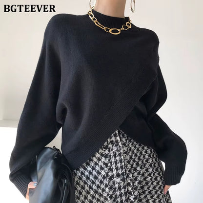 Stylish Criss-Cross Knitted Jumpers Autumn Winter Half Turtleneck Women Sweater Pullovers Loose Female Knit Tops