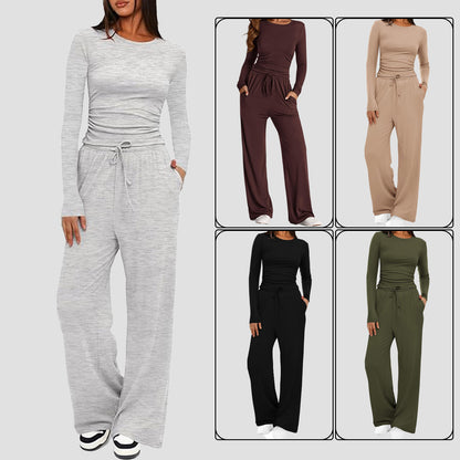 2 Pieces Women'S Suit Autumn Winte Long Sleeve Tops High Waisted Wide Leg Pants Sportswear Female Clothes Solid Color Casual Suit