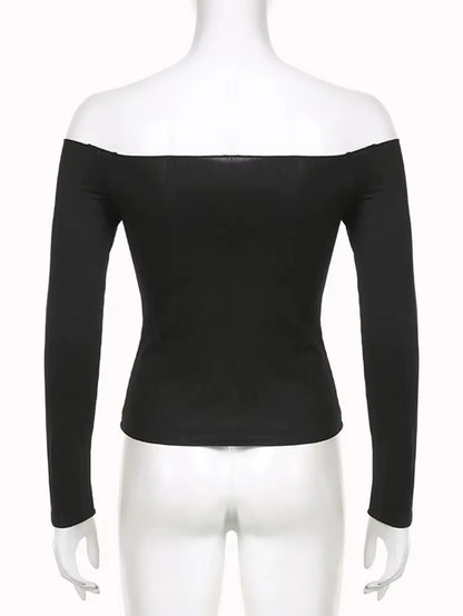Black Solid Slash Neck Elegant Long Sleeve Tops Korean Fashion Slim Sexy Cropped T Shirt Women Fall Clothing