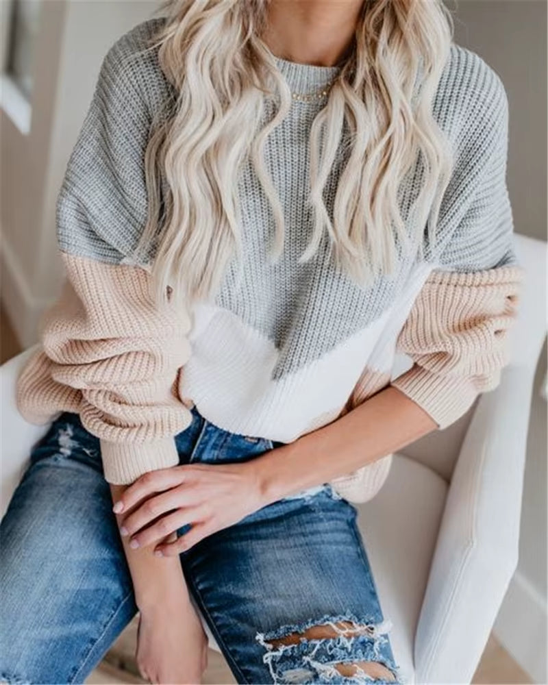 Plus Size Loose Knitted Sweater Women Jumpers Long Sleeve Woman Pullovers Sweaters Casual Winter Color Block Striped Sweater