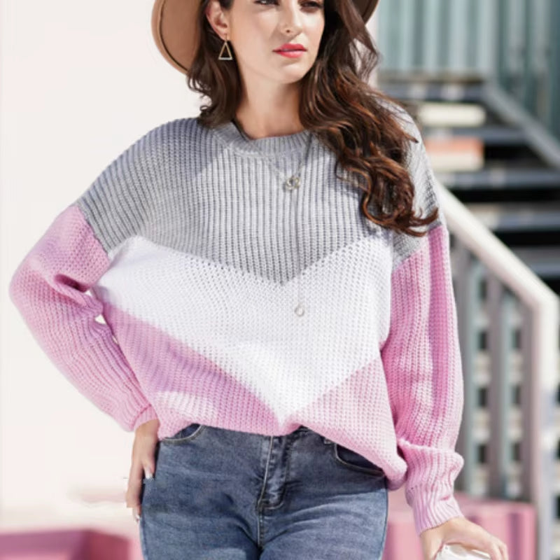 Plus Size Loose Knitted Sweater Women Jumpers Long Sleeve Woman Pullovers Sweaters Casual Winter Color Block Striped Sweater