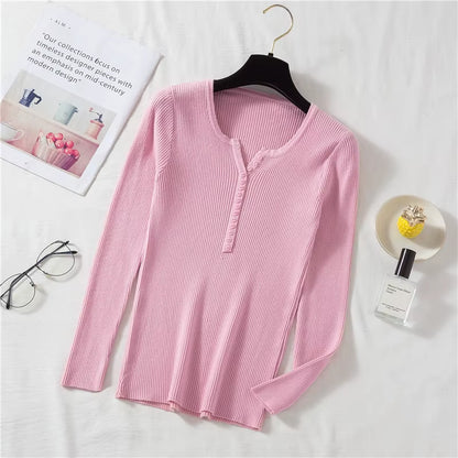 New Autumn Winter Women Long Sleeve Button Front Rib-Knit Stretchable Pull Sweater Korean Sweater Femme Jersey Jumper Pullover