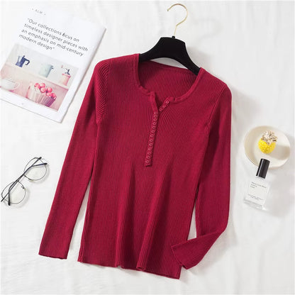 New Autumn Winter Women Long Sleeve Button Front Rib-Knit Stretchable Pull Sweater Korean Sweater Femme Jersey Jumper Pullover