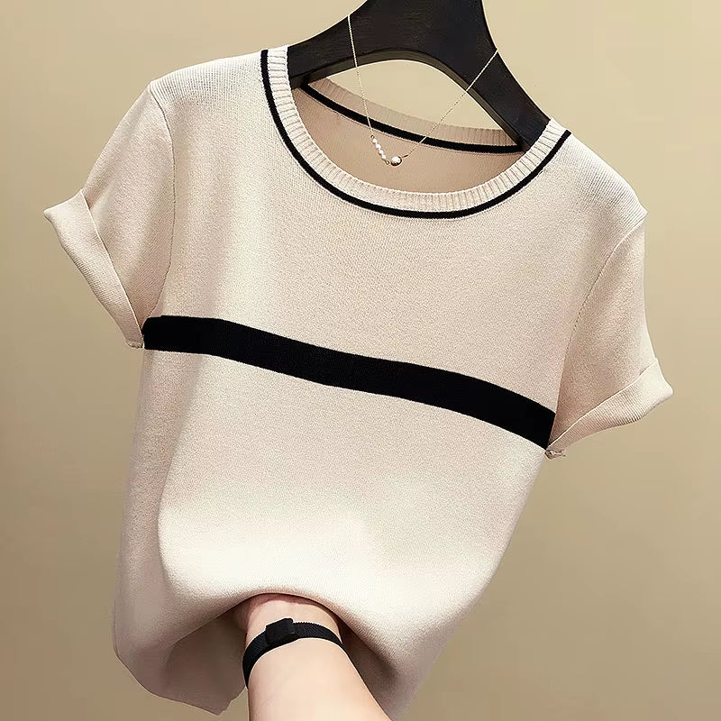 Thin Knitted T Shirt Women Clothes 2024 Summer Woman Short Sleeve Tees Tops Striped Casual T-Shirt Female Tshirt Femme