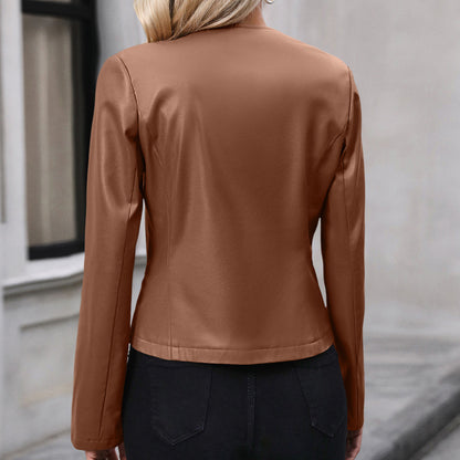 Casual Long-Sleeve Solid Color Jacket Motorcycle Leather Coat Tops for Women Outwear