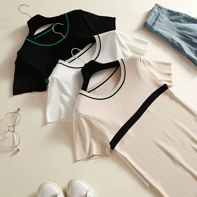 Thin Knitted T Shirt Women Clothes 2024 Summer Woman Short Sleeve Tees Tops Striped Casual T-Shirt Female Tshirt Femme