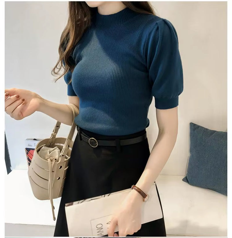 Half Turtleneck Knitted T-Shirts Tops Woman Slim Short Puff Sleeve Buttons Soft Solid Autumn T-Shirt Tee Female